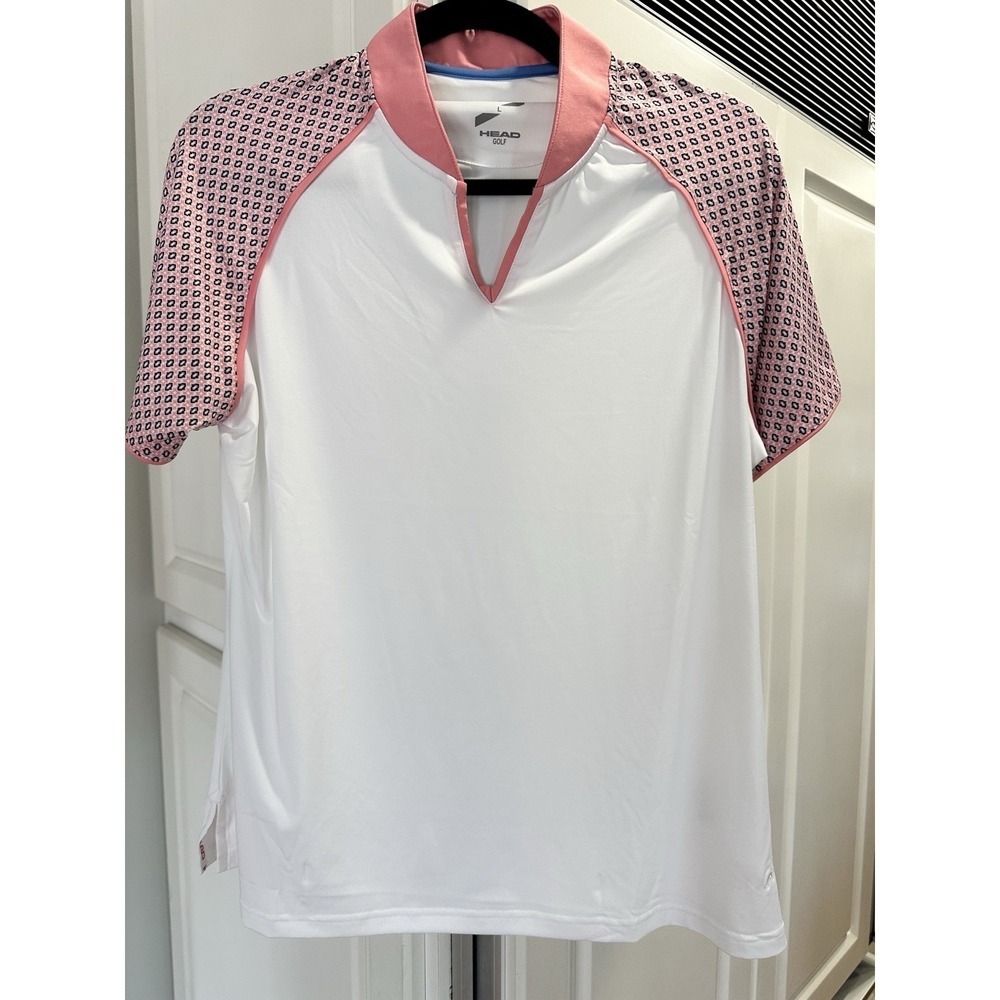 Head Golf Athletic Pink White Polo Shirt V-Neck Stretch Women's Size Large